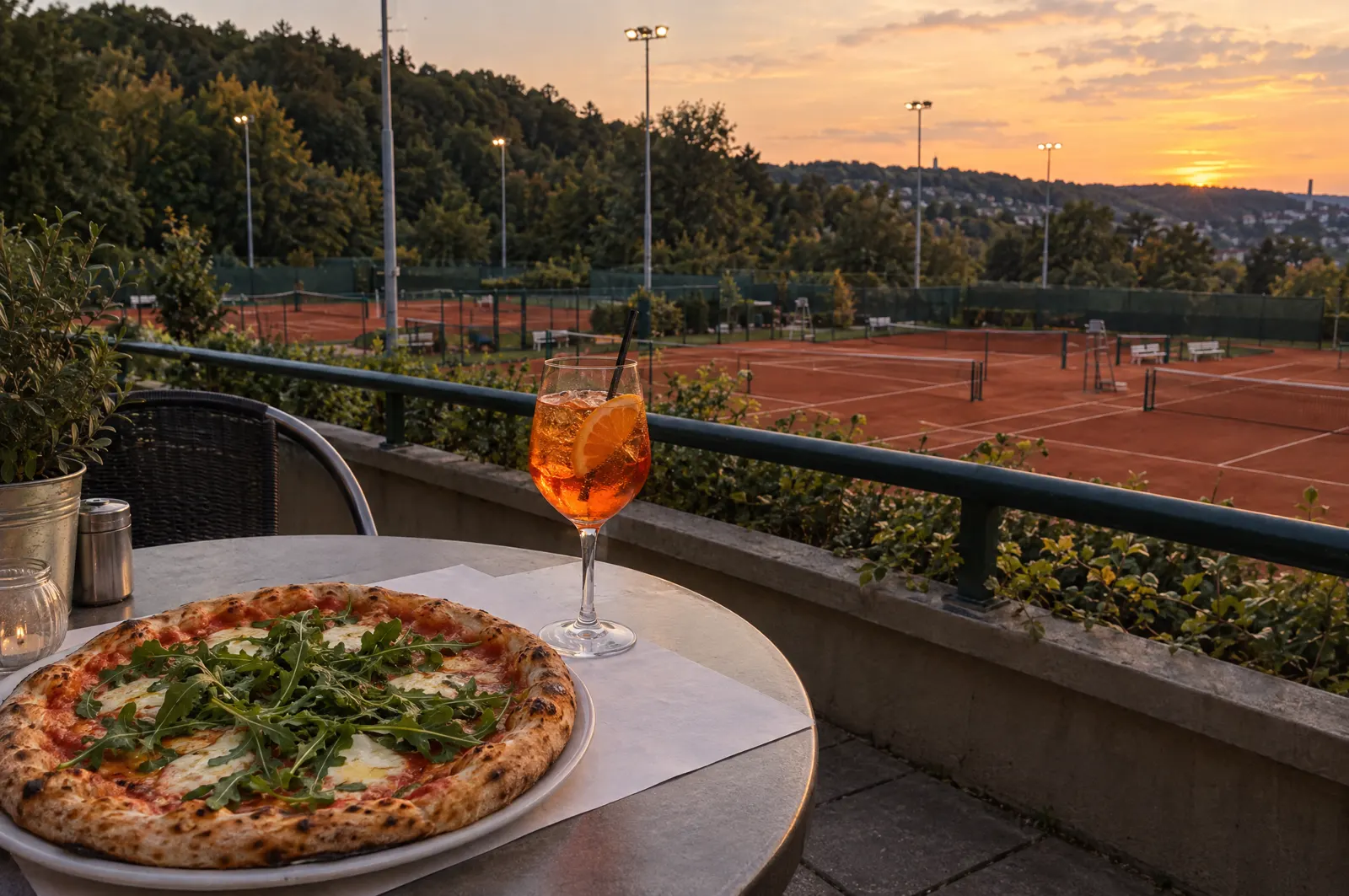 Pizza mit Rucola und ein Spritz auf einem Terrassentisch, dahinter Ascheplätze im Abendlicht